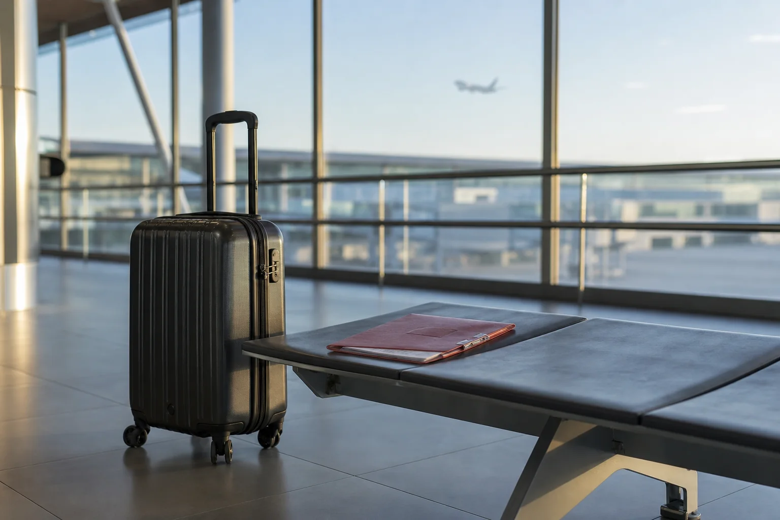 Travel suitcase and document folder in a quiet airport terminal